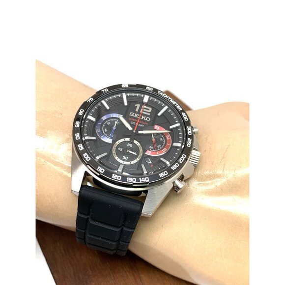 Seiko Men's Watch SSB347 Quartz Chronograph Black Dial Rubber Strap 44mm - Picture 6 of 15